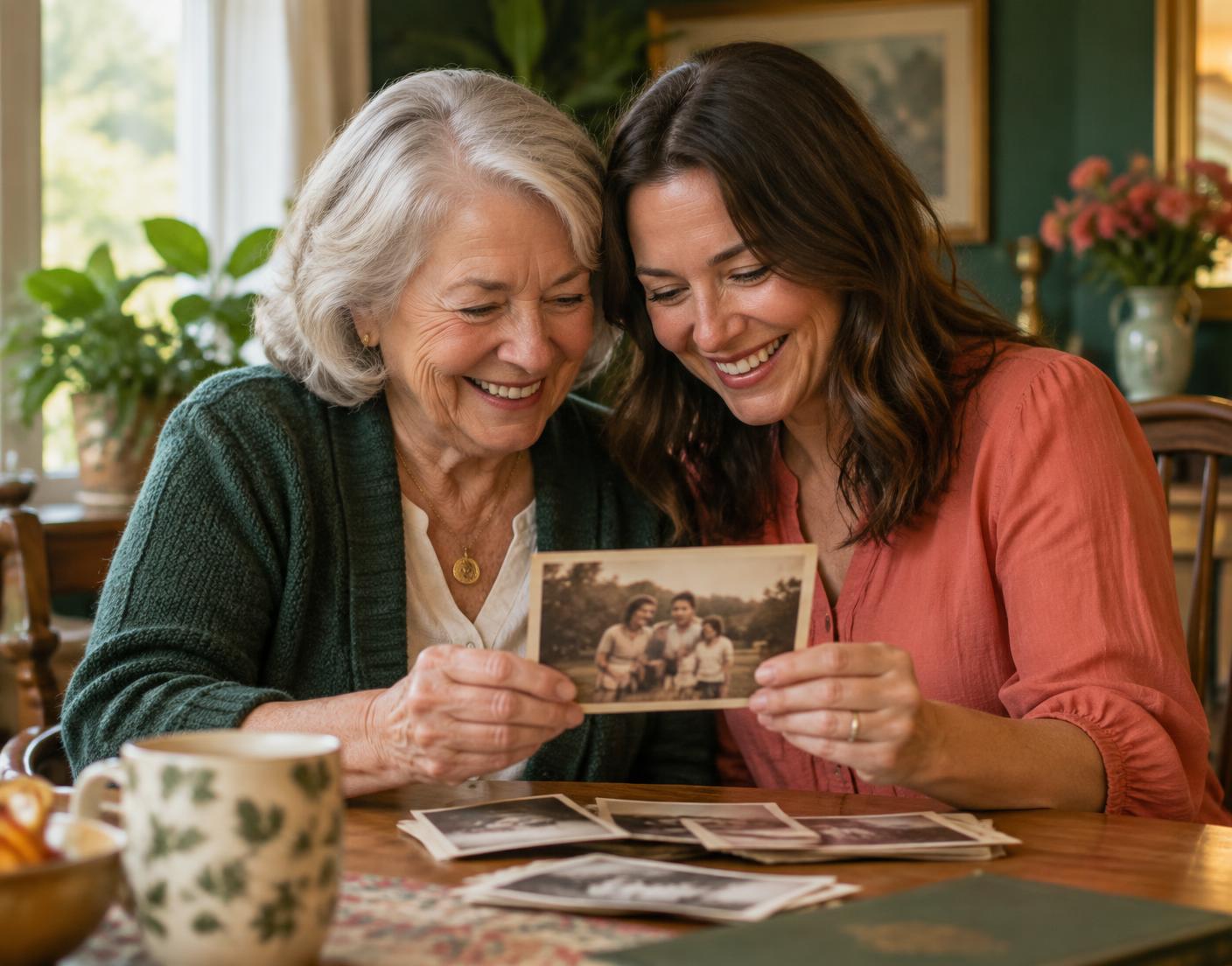 A mother and daughter smiling together over an old family photograph